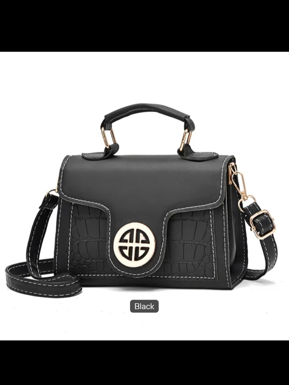 Black Crossbody Satchel with Gold Emblem and Top Handle